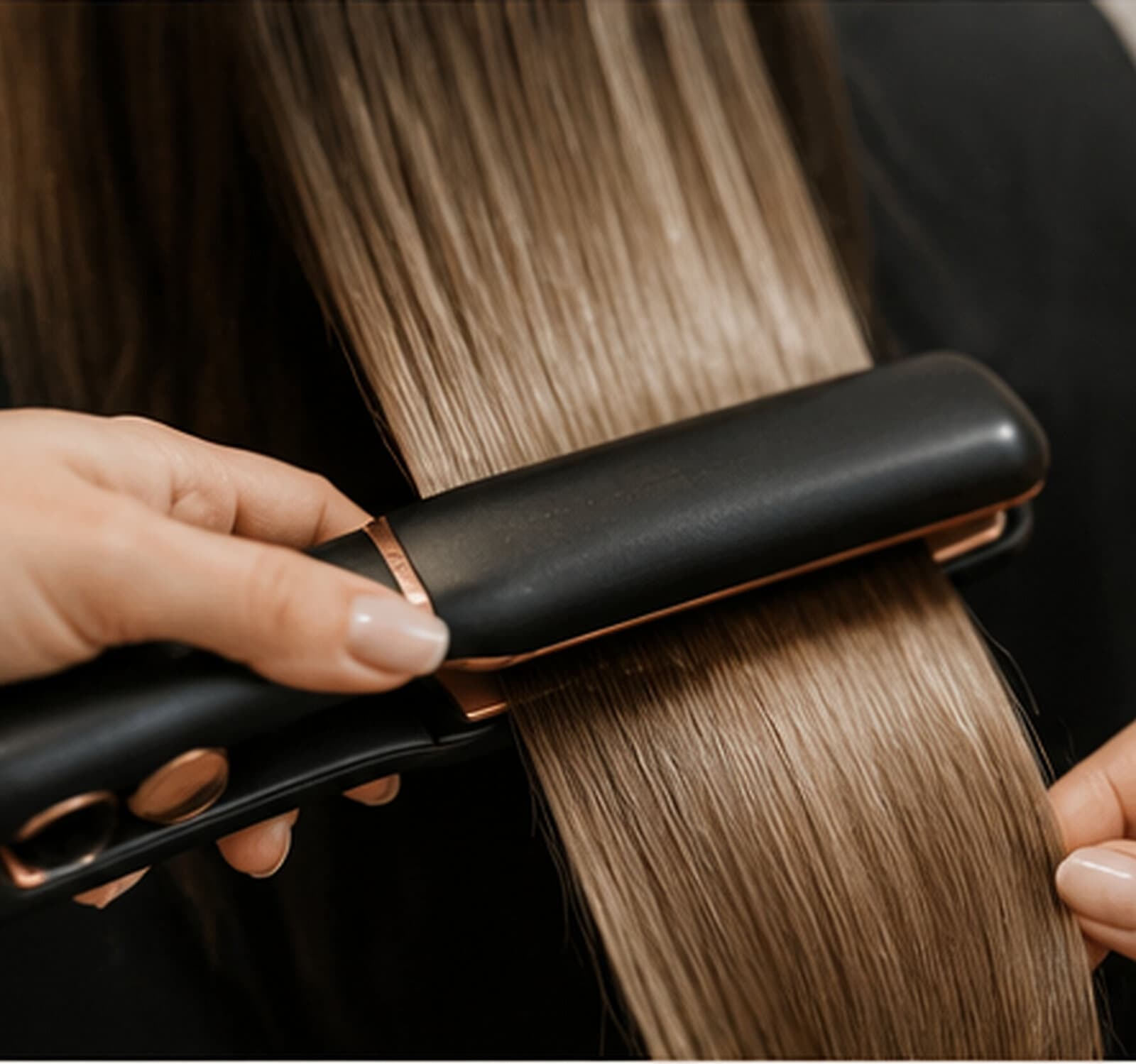 Sealing a smoothed section of hair with a flat iron during a keratin treatment
