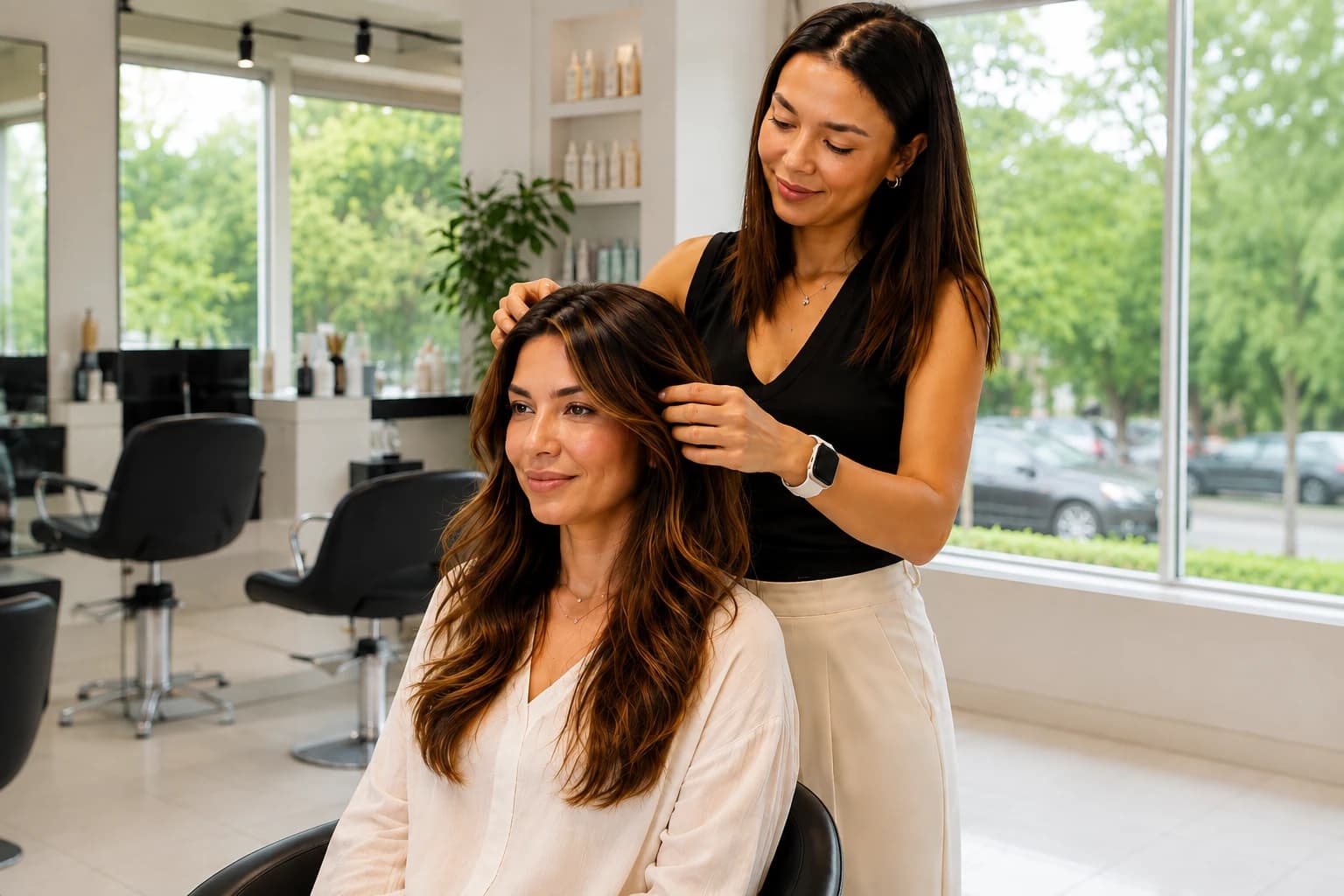 Victoria with a client, reviewing hair color and plan together