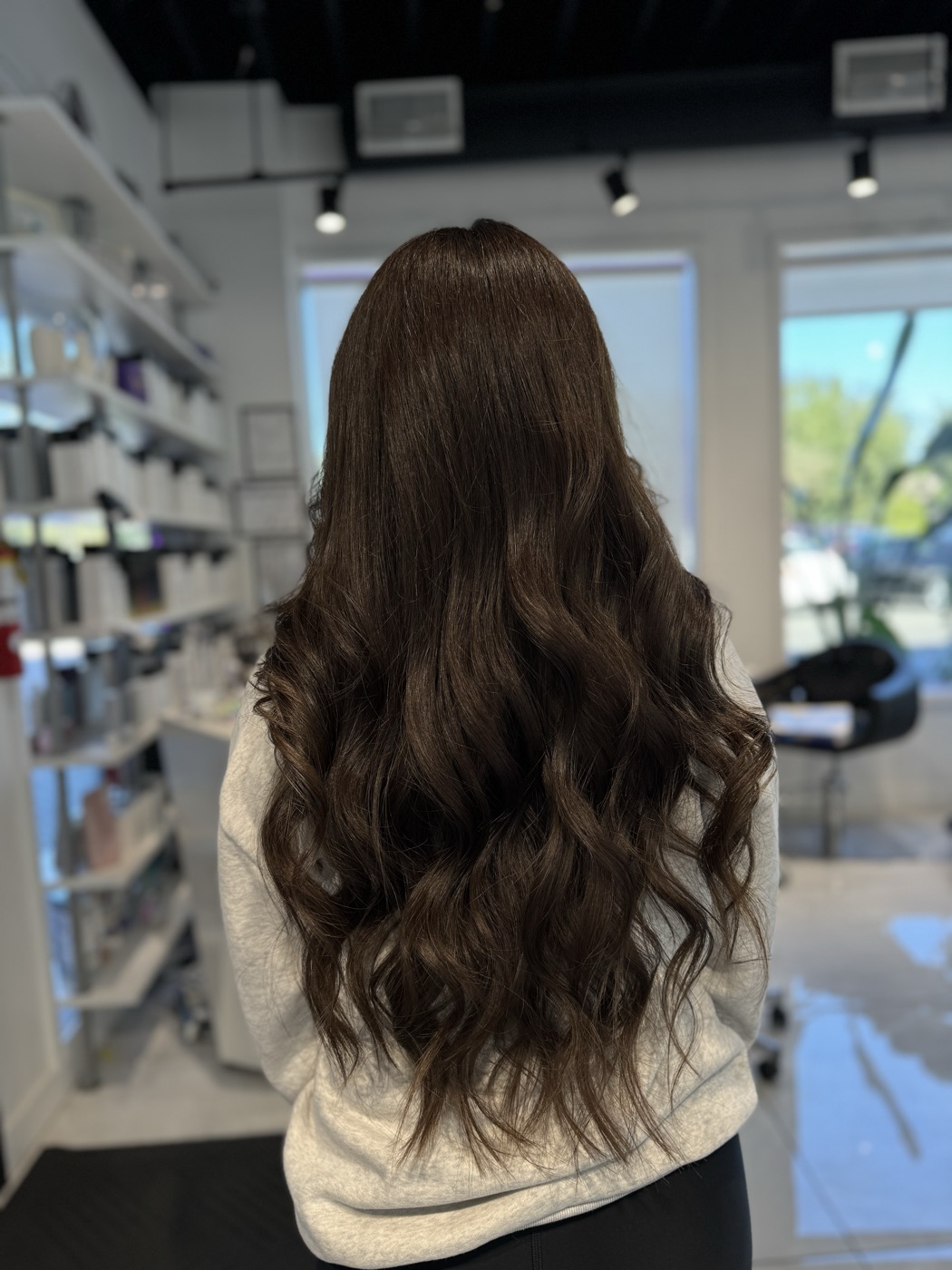 Long chocolate-brown wavy hair, alternate angle