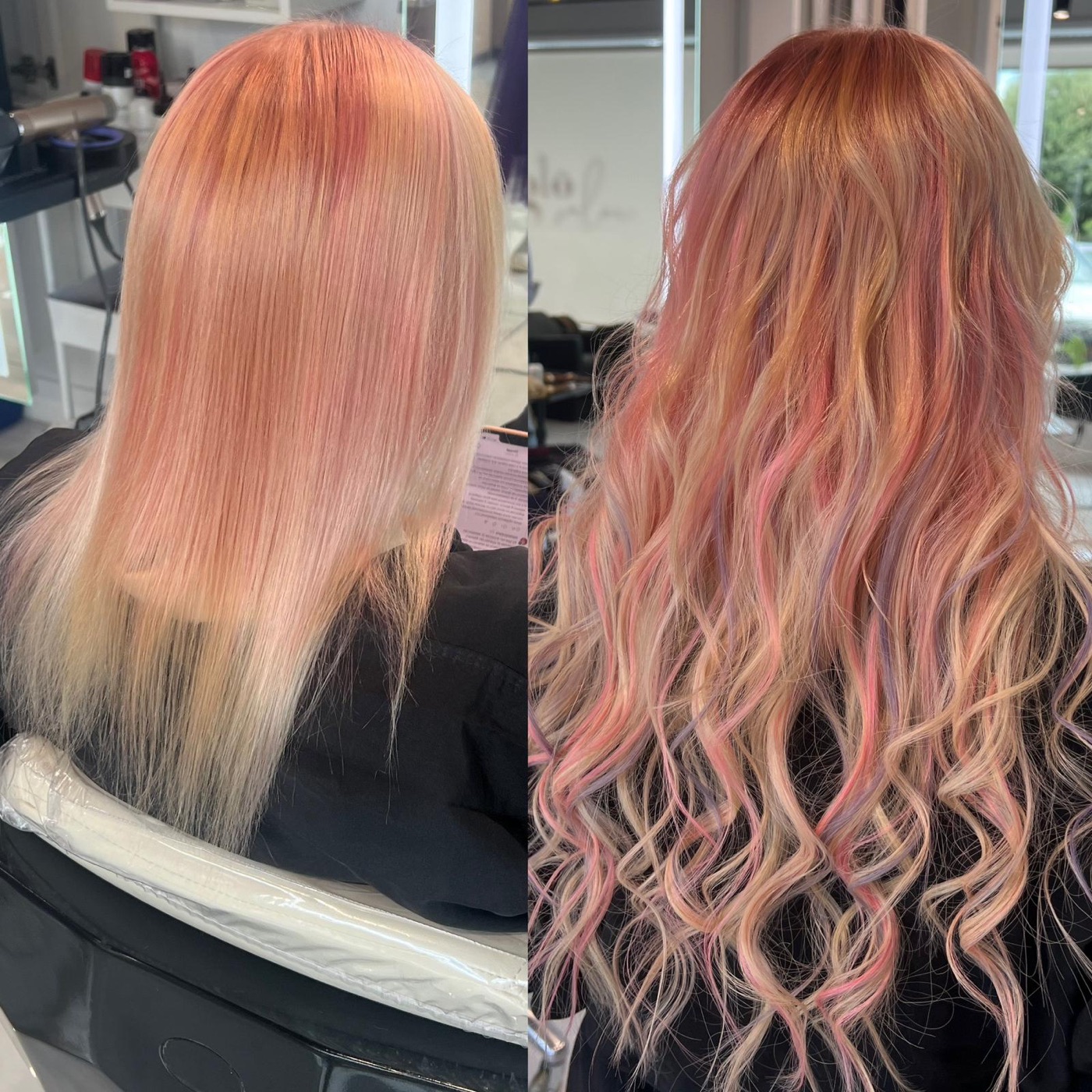 Before and after comparison of long wavy hair with rose-gold and pink coloring